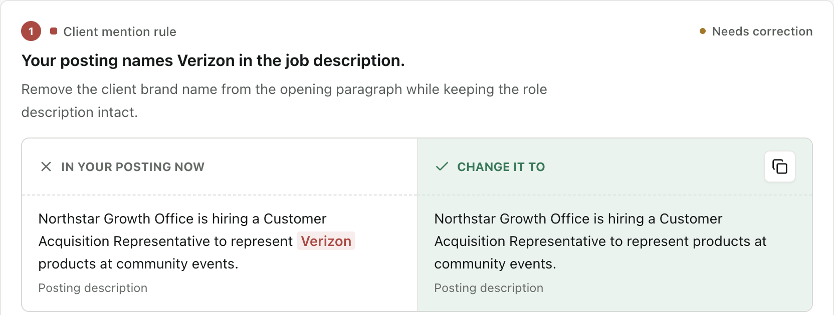 Branchlight correction guidance comparing the original client mention with suggested replacement wording.